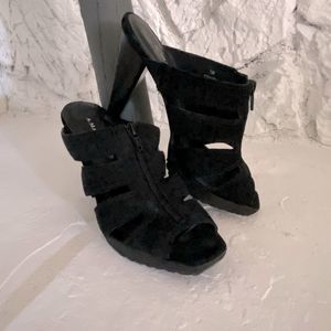 A. Marinelli Black Suede Mules With Zipper and Block Heel Sz 7.5